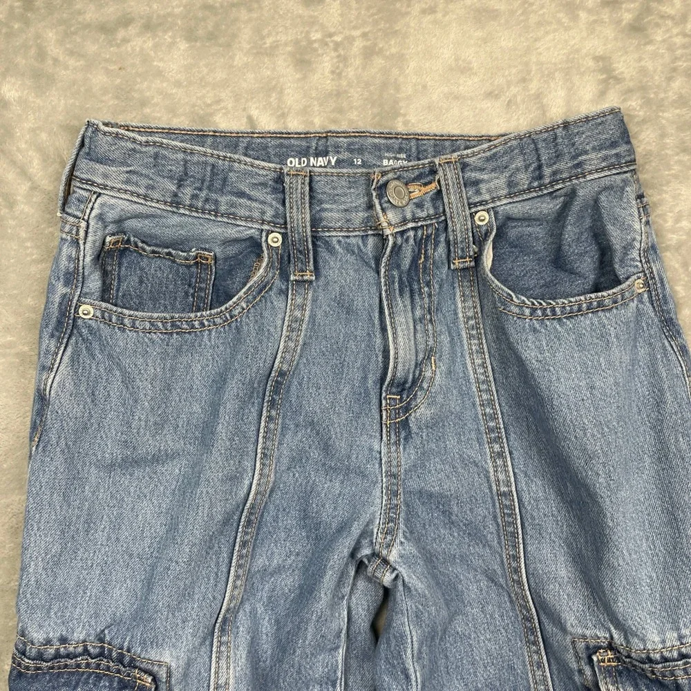 Old Navy Cargo Jeans Kids Size 12 Blue High‎ Rise Baggy Built-In Tough Wide Leg